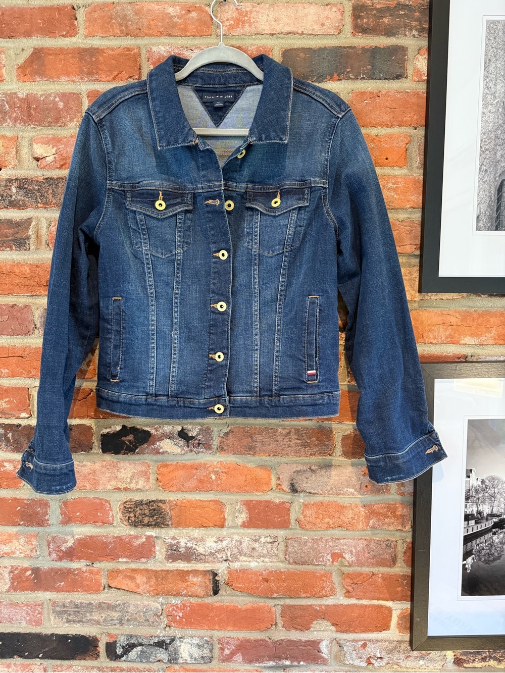 Tommy Hilfiger Dark Wash Denim Jean Jacket Gold Buttons • Size L